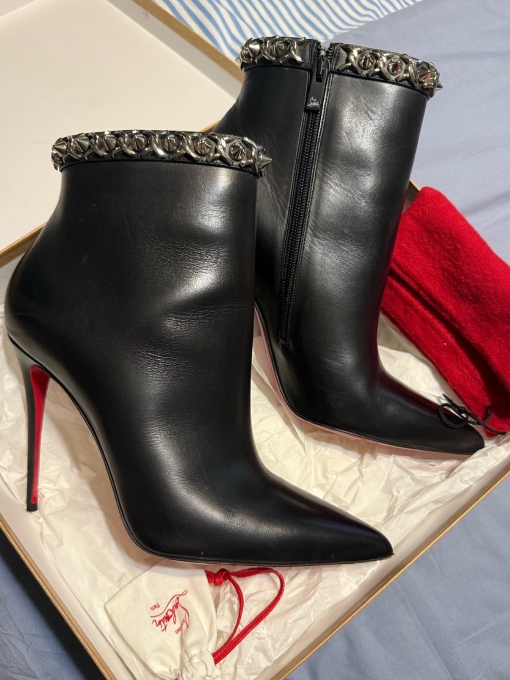 Christian Louboutin Black Leather Ankle Boots with Red Sole and Chain Trim